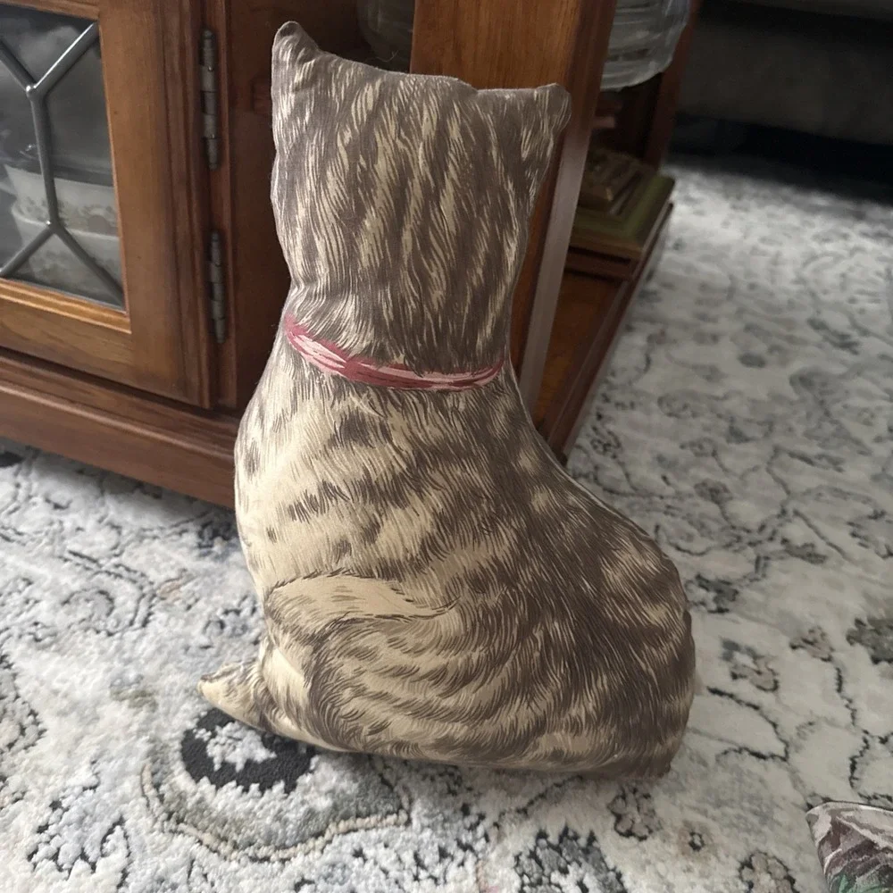 Vintage Tabby Cat Pillow Blue Eyes Pink Bow Brown Cat White Fur